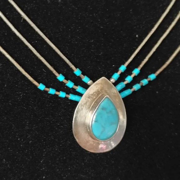 Vintage Southwestern Sterling Silver 3 Strand Necklace w/ Turquoise - Picture 2 of 9